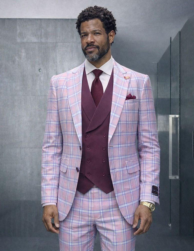 Statement Men's Wool Windowpane Suit Peak Lapel Tailored Fit Mauve Diego Modern Fit