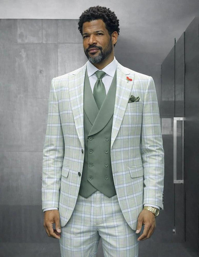 Statement Men's Wool Windowpane Suit Peak Lapel Tailored Fit Mint Diego Modern Fit