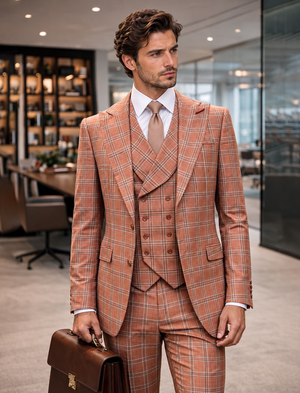 Statement Men's Wool Windowpane Suit with Vest Salmon 3 Piece  Sergio Modern Fit