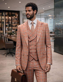 Statement Men's Wool Windowpane Suit with Vest Salmon 3 Piece Modern Fit Sergio