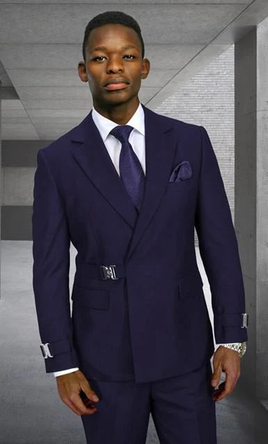 Men's Double Breasted Wool Suit with Metal Buckle Closure Modern Fit
