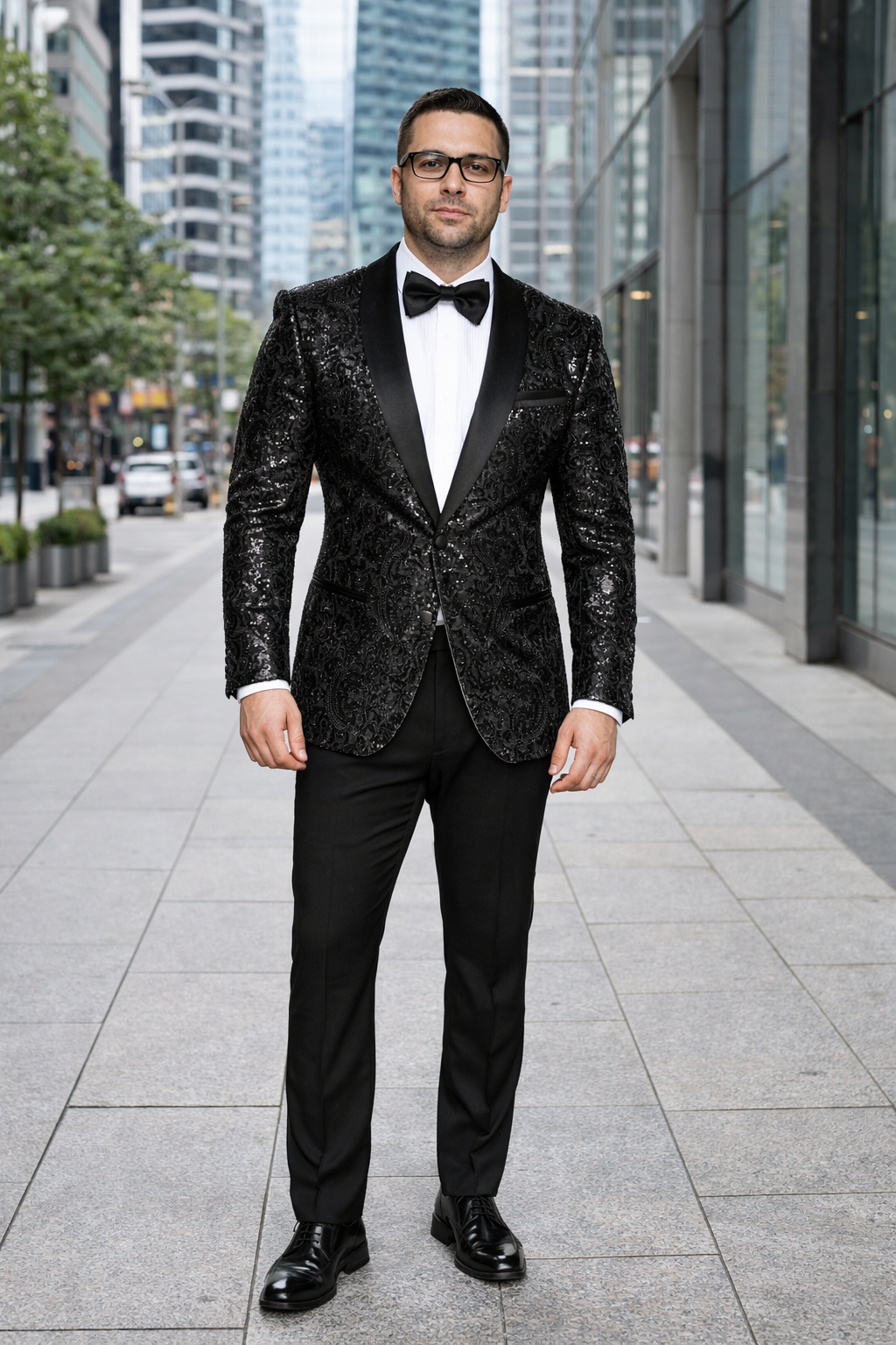 Men'S Sharkskin Flashy Stage Shiny Sequin Paisley Blazer Dinner Jacket 1 Button Black Sport Coat Jacket - Image 7