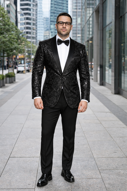 Men'S Sharkskin Flashy Stage Shiny Sequin Paisley Blazer Dinner Jacket 1 Button Black Sport Coat Jacket - Image 7