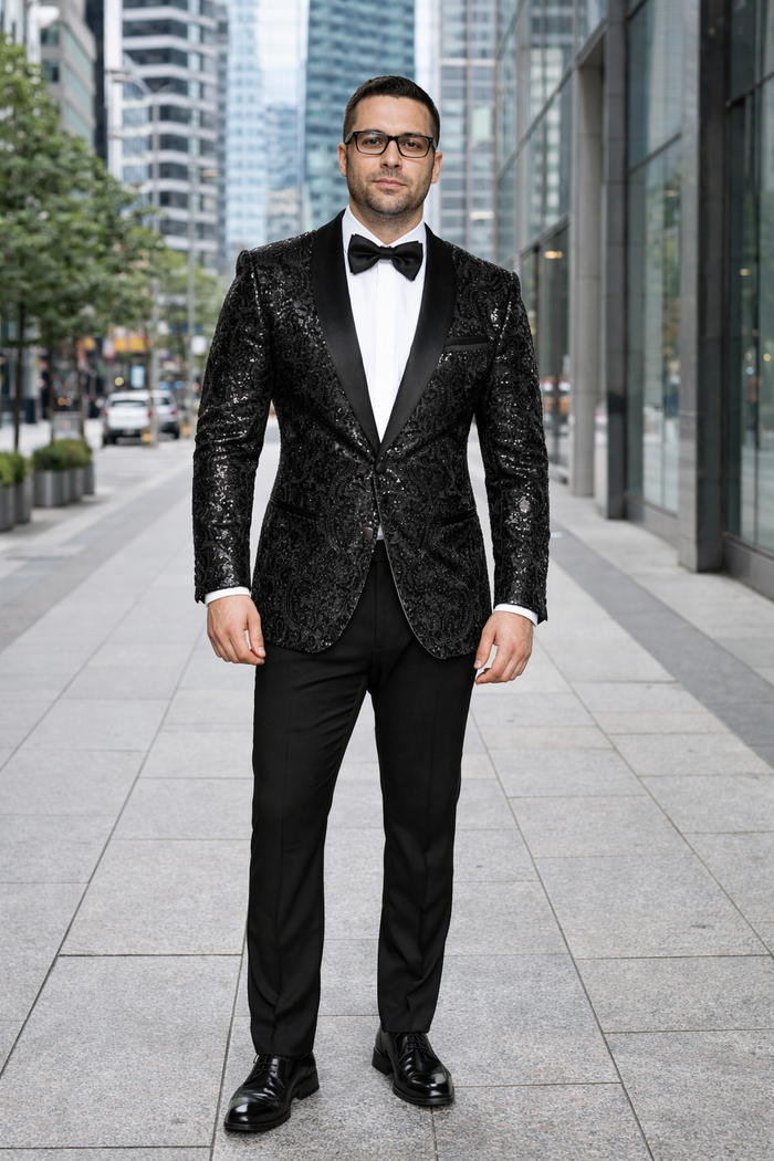 Men'S Sharkskin Flashy Stage Shiny Sequin Paisley Blazer Dinner Jacket 1 Button Black Sport Coat Jacket - Image 7