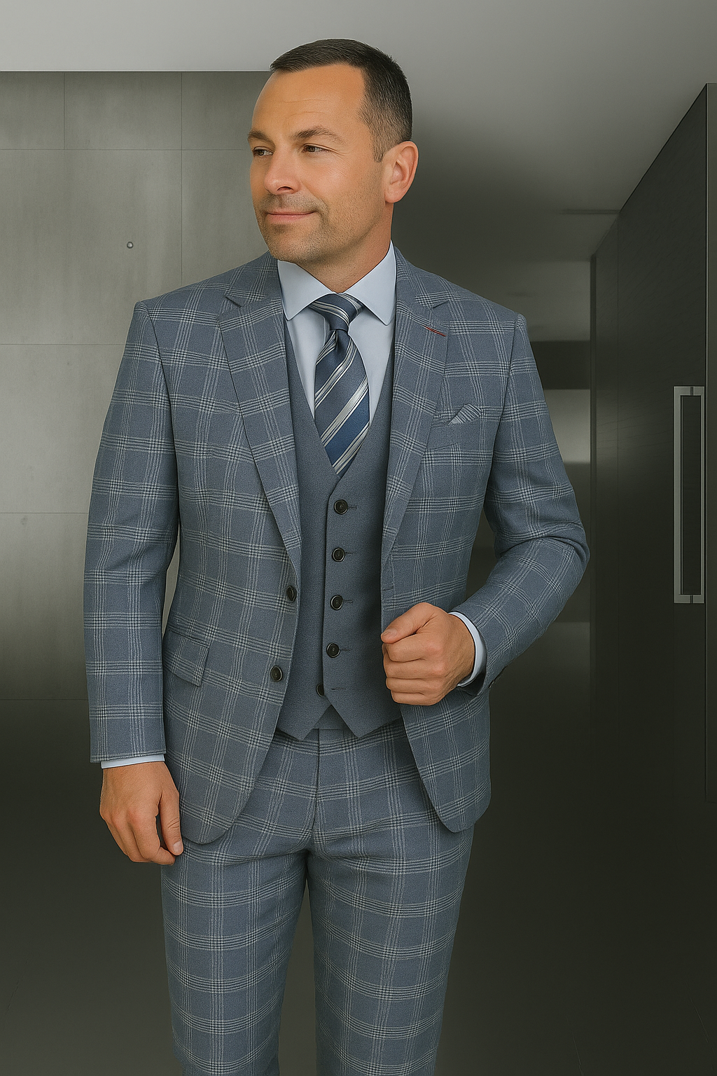 Wool Suit - Italian Made Business Suit by Statement Men's 3 Piece 100% Wool Suit - Coordinating Solid Color Vest Modern Fit