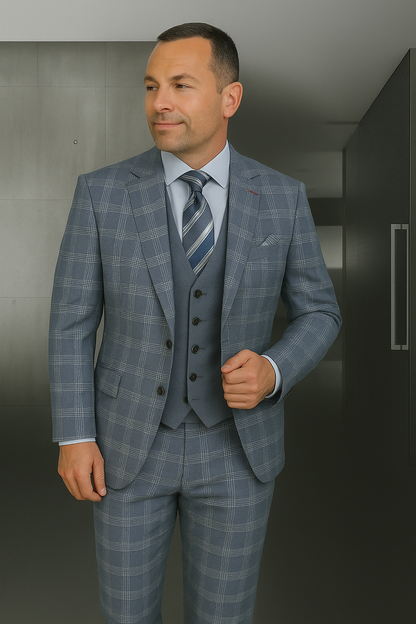 Wool Suit - Italian Made Business Suit by Statement Men's 3 Piece 100% Wool Suit - Coordinating Solid Color Vest Modern Fit