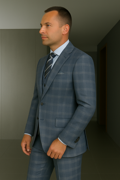 Wool Suit - Italian Made Business Suit by Statement Men's 3 Piece 100% Wool Suit - Coordinating Solid Color Vest Modern Fit