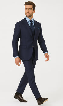 Steve Harvey Suits Clothing line - Steve Harvey Suits Mens Peak Lapel Modern Fit - No Pleated Pants Designer Brand Navy 3 Piece Vested Chest Pocket Suit