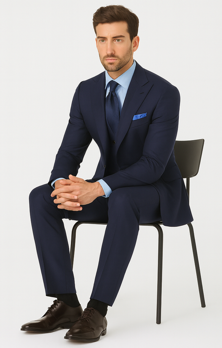 Steve Harvey Suits Clothing line - Steve Harvey Suits Mens Peak Lapel Modern Fit - No Pleated Pants Designer Brand Navy 3 Piece Vested Chest Pocket Suit
