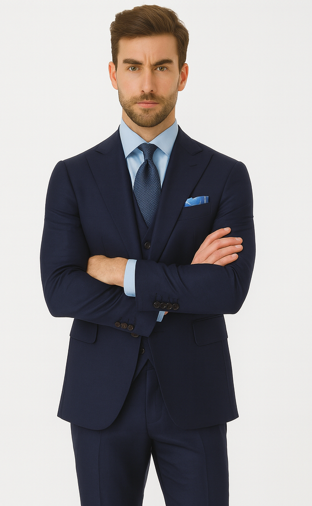 Steve Harvey Suits Clothing line - Steve Harvey Suits Mens Peak Lapel Modern Fit - No Pleated Pants Designer Brand Navy 3 Piece Vested Chest Pocket Suit