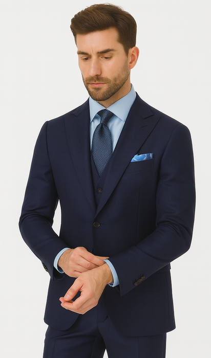 Steve Harvey Suits Clothing line - Steve Harvey Suits Mens Peak Lapel Modern Fit - No Pleated Pants Designer Brand Navy 3 Piece Vested Chest Pocket Suit