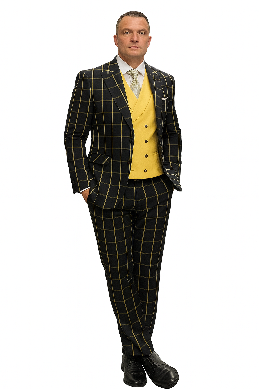 Athletic Suit - Black ~ Yellow Windowpane - Plaid Suit Modern Fit Side Vented Super 150's Wool Fabric - 100% Percent Wool Fabric Suit - Worsted Wool Business Suit - Image 4