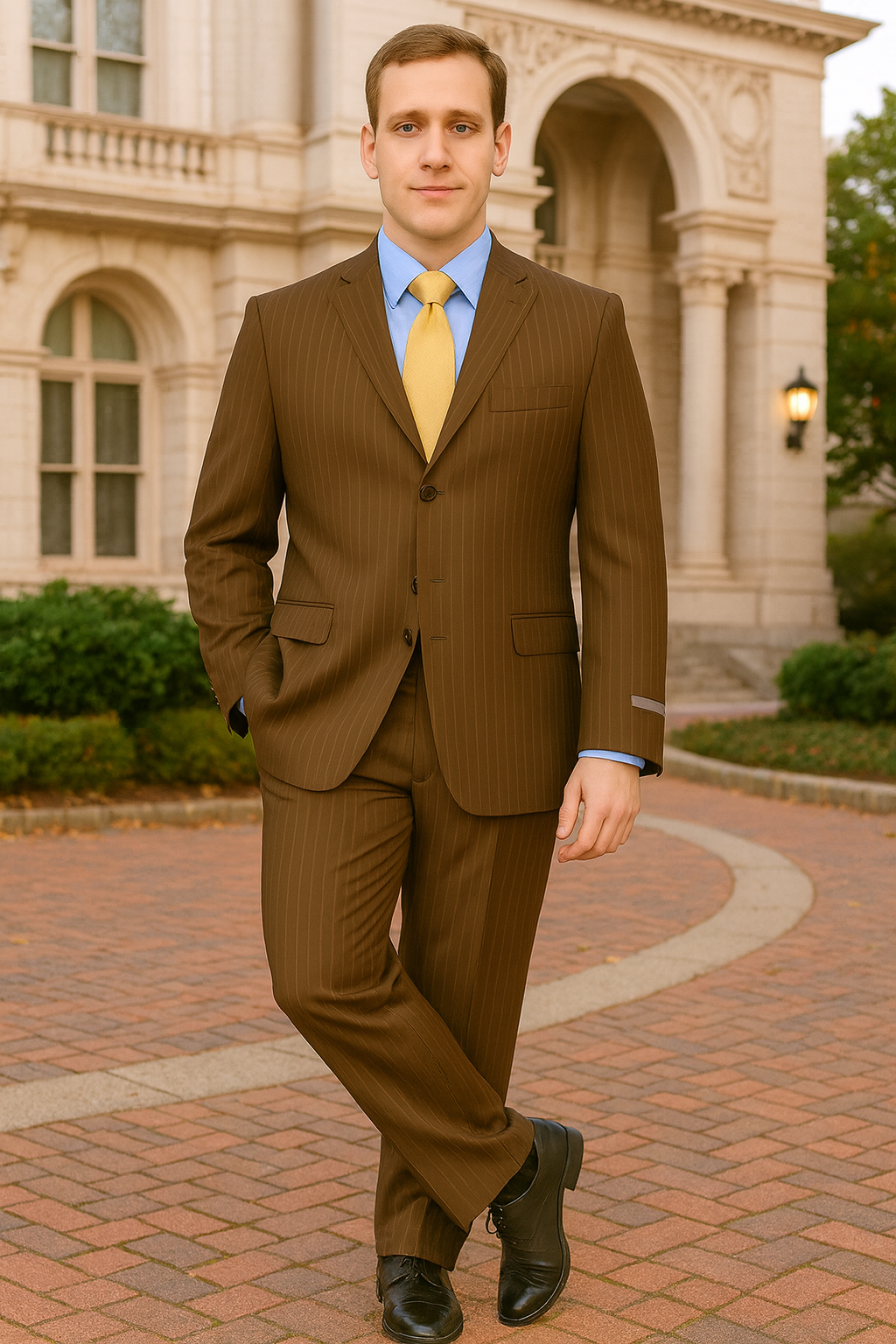 Brown Pinstripe Feel Poly-Rayon Three ~ 3 Buttons Style Suit Pleated Pants - Image 3