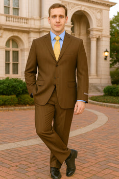 Brown Pinstripe Feel Poly-Rayon Three ~ 3 Buttons Style Suit Pleated Pants - Image 3