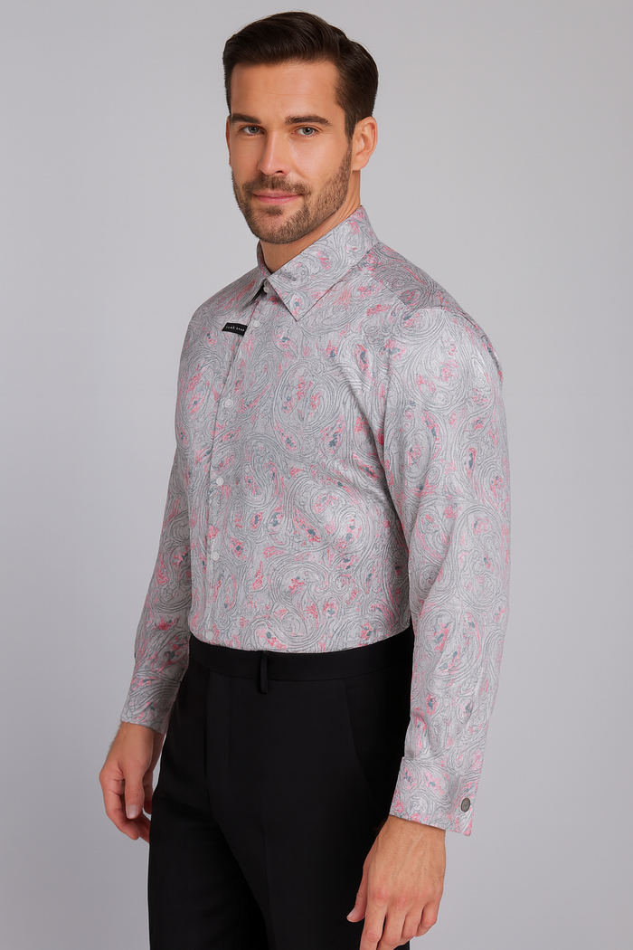 Mens Paisley Shirts - Club Fashion Dress Shirt Spread Collar in  Color Grey