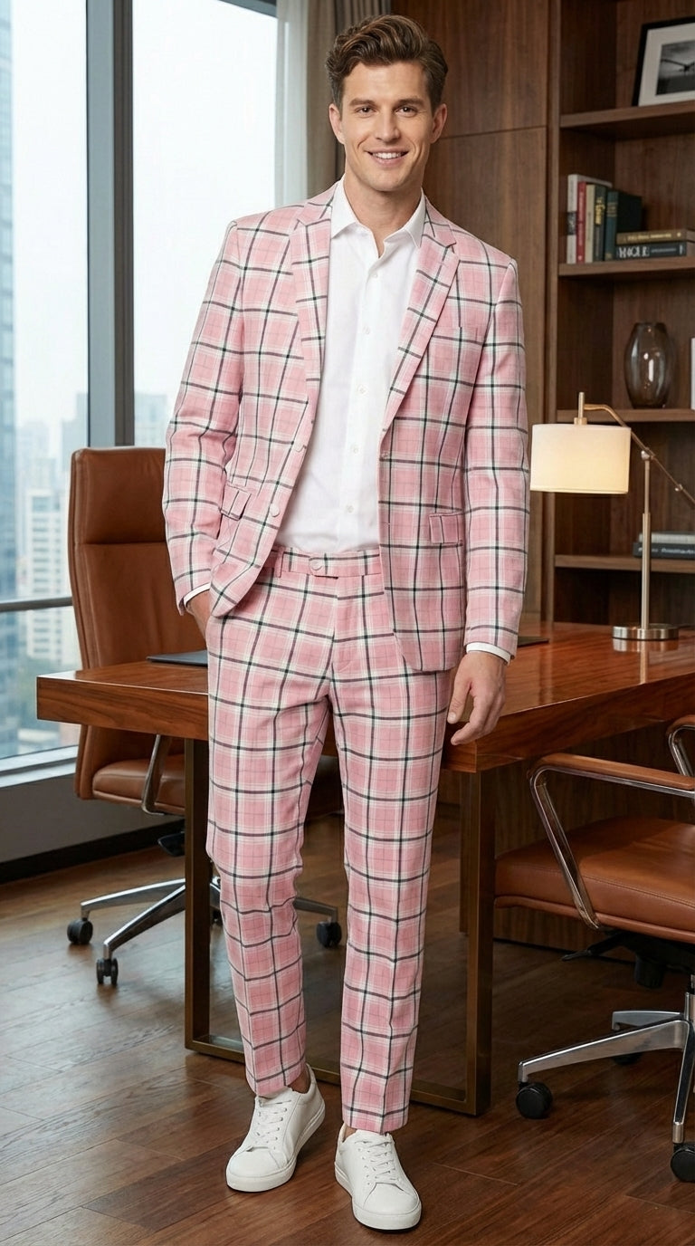 Mens Pink and Black Plaid Designer Suit Set – Stylish Suit with Check Pattern Jacket and Windownpane Summer Color