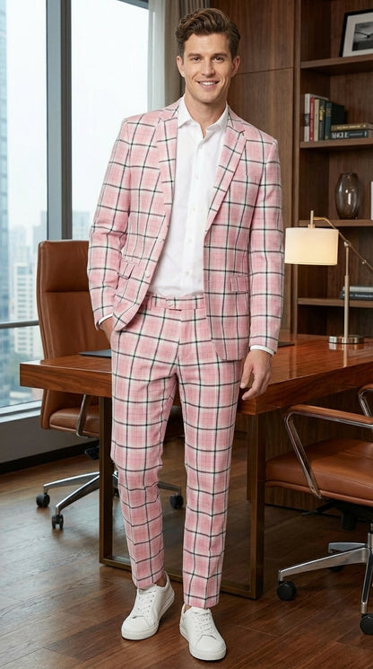 Mens Pink and Black Plaid Designer Suit Set – Stylish Suit with Check Pattern Jacket and Windownpane Summer Color
