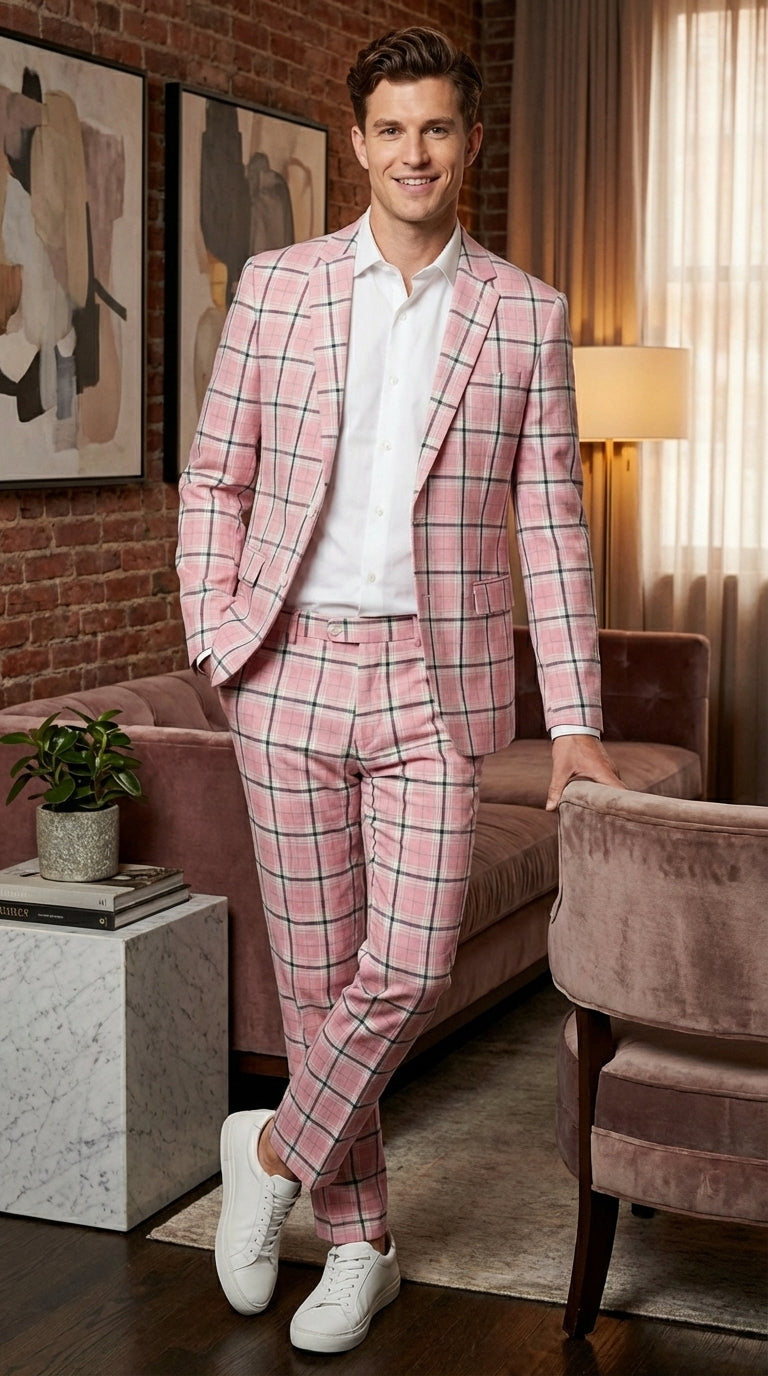 Mens Pink and Black Plaid Designer Suit Set – Stylish Suit with Check Pattern Jacket and Windownpane Summer Color