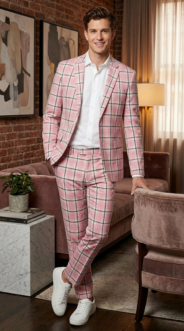 Mens Pink and Black Plaid Designer Suit Set – Stylish Suit with Check Pattern Jacket and Windownpane Summer Color Modern Fit