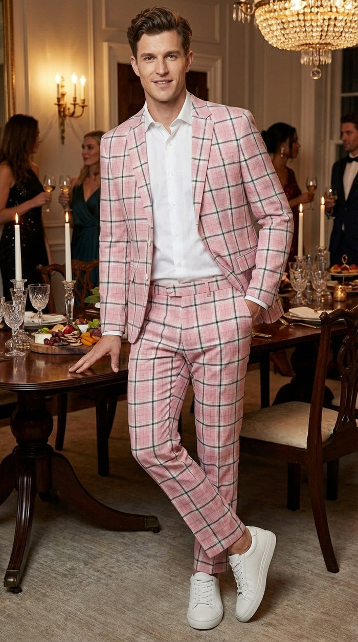 Mens Pink and Black Plaid Designer Suit Set – Stylish Suit with Check Pattern Jacket and Windownpane Summer Color Modern Fit