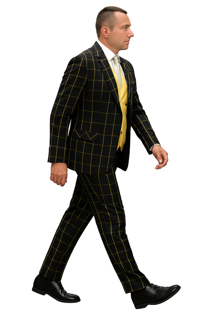 Athletic Suit - Black ~ Yellow Windowpane - Plaid Suit Modern Fit Side Vented Super 150's Wool Fabric - 100% Percent Wool Fabric Suit - Worsted Wool Business Suit - Image 2