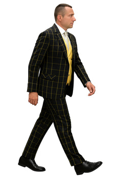 Athletic Suit - Black ~ Yellow Windowpane - Plaid Suit Modern Fit Side Vented Super 150's Wool Fabric - 100% Percent Wool Fabric Suit - Worsted Wool Business Suit - Image 2