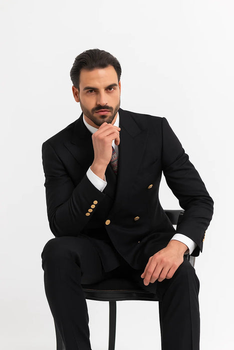Double Breasted Blazer with Gold Buttons - Black Sport Coat