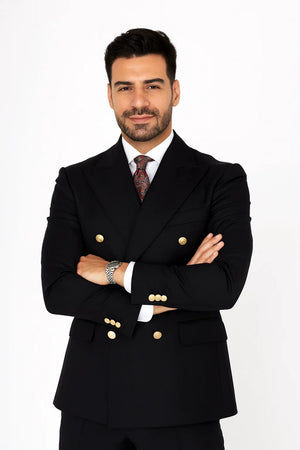Double Breasted Blazer with Gold Buttons - Black Sport Coat - Image 7
