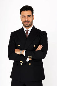 Double Breasted Blazer with Gold Buttons - Black Sport Coat