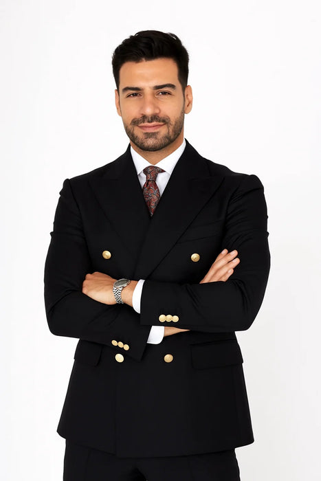 Double Breasted Blazer with Gold Buttons - Black Sport Coat