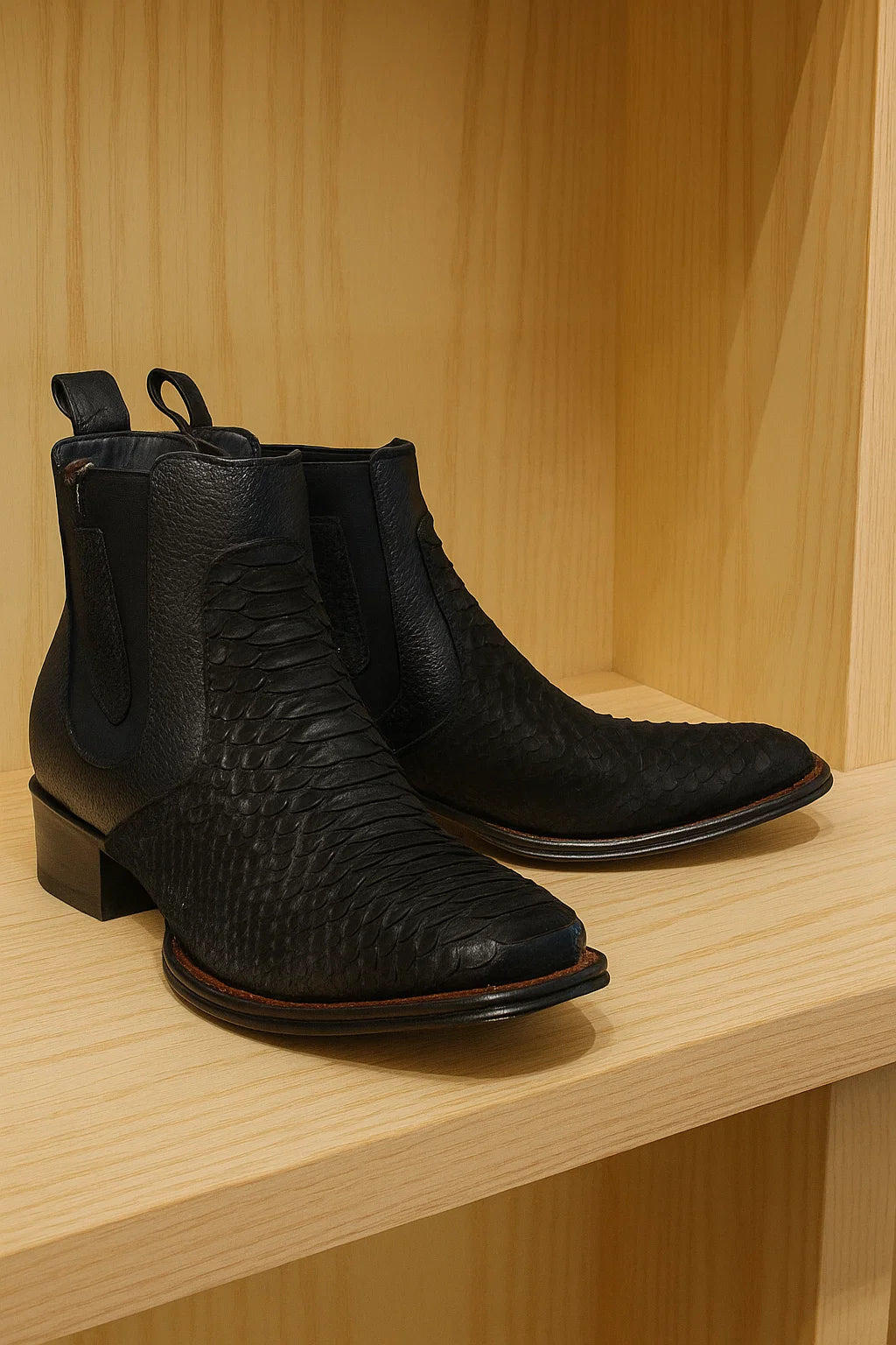 Los Altos Men's Genuine Python Skin Square Toe Ankle Boots - Black - Image 8