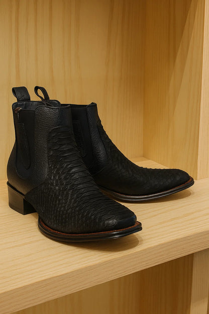 Los Altos Men's Genuine Python Skin Square Toe Ankle Boots - Black - Image 8