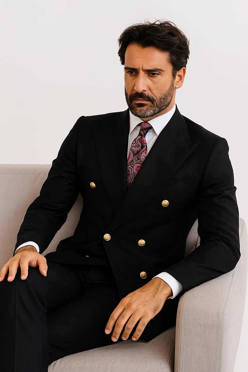 Double Breasted Blazer with Gold Buttons - Black Sport Coat - Image 9