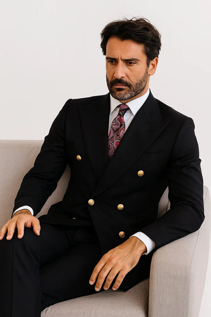 Double Breasted Blazer with Gold Buttons - Black Sport Coat - Image 9