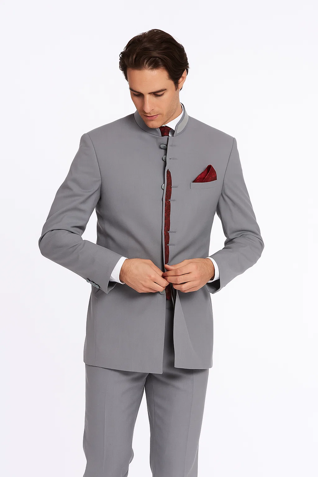 Mandarin Collar Tuxedo - Mandarin Tuxedo - No Collar Suit - Light Grey Suit - Image 4