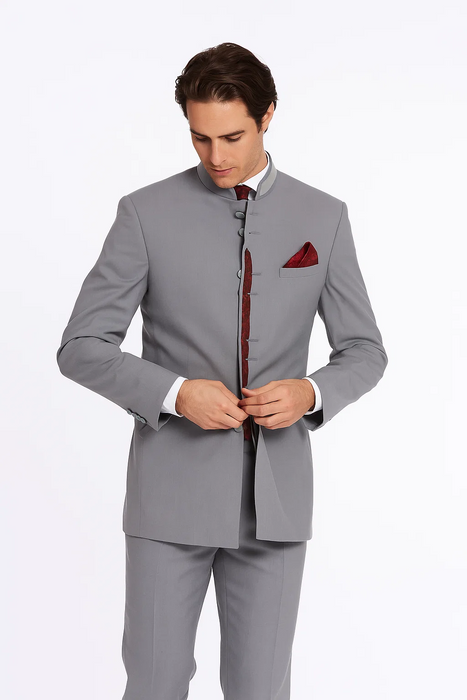 Mandarin Collar Tuxedo - Mandarin Tuxedo - No Collar Suit - Light Grey Suit