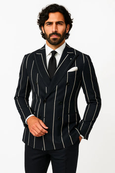 1920s style in this Gangster Pinstripe Double-Breasted Suit. Black/Gold or Navy/White options—perfect for Gatsby parties, cosplay, or vintage flair. - Image 2