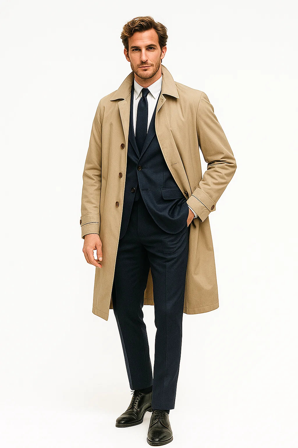 Mens Beige Trench Coat – Classic Long Overcoat with Button Front - Raincoat in Khaki Color - Image 7