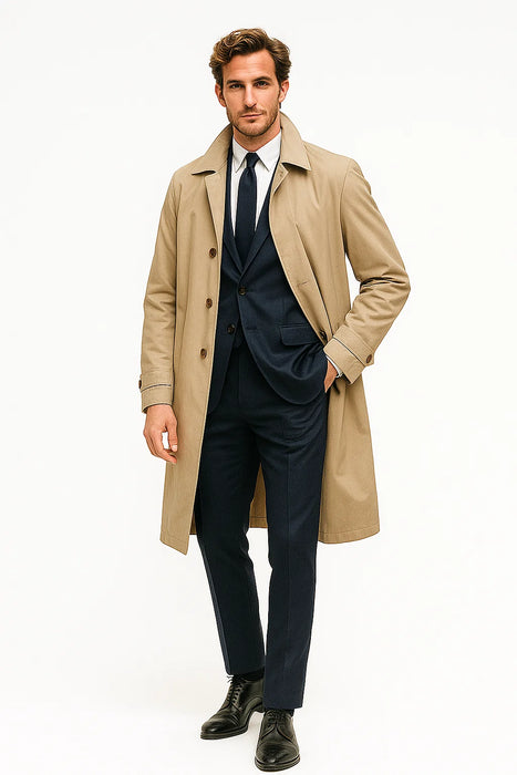 Mens Beige Trench Coat – Classic Long Overcoat with Button Front - Raincoat in Khaki Color