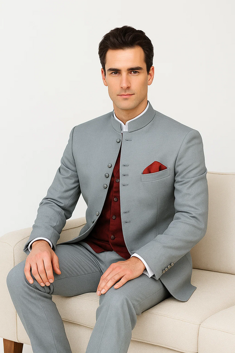Mandarin Collar Tuxedo - Mandarin Tuxedo - No Collar Suit - Light Grey Suit