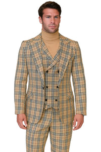 Tan Plaid Suit - Camel Khaki Tan Beige Color -  Double Breasted  Vested Mens Suit Windowpane Pattern - Modern Fit
