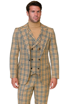 Tan Plaid Suit - Camel Khaki Tan Beige Color -  Double Breasted  Vested Mens Suit Windowpane Pattern - Modern Fit