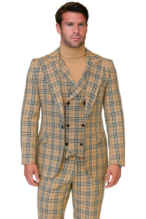 Tan Plaid Suit - Camel Khaki Tan Beige Color -  Double Breasted  Vested Mens Suit Windowpane Pattern - Modern Fit