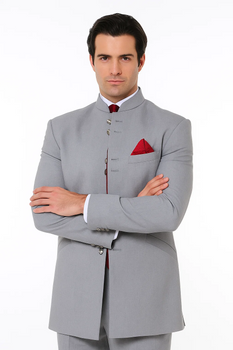 Mandarin Collar Tuxedo - Mandarin Tuxedo - No Collar Suit - Light Grey Suit - Image 3