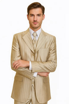 Zoot Suit - Shiny Gold Champaign Mens Harlem Gangster Suit 1920s Tan Stripe Fortino 2911V