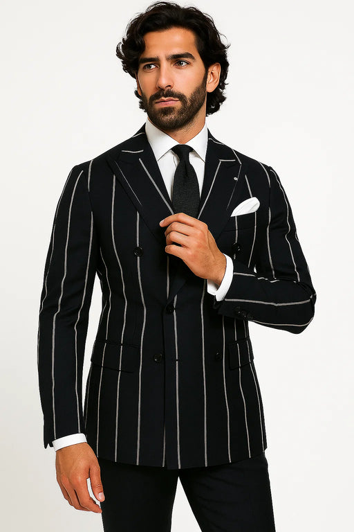 1920s style in this Gangster Pinstripe Double-Breasted Suit. Black/Gold or Navy/White options—perfect for Gatsby parties, cosplay, or vintage flair.