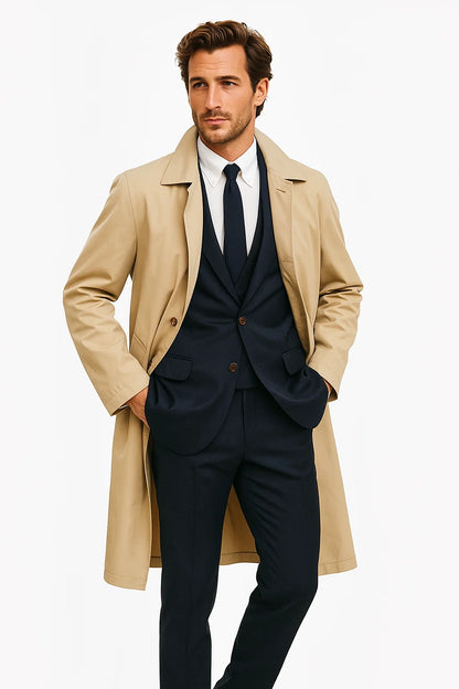 Mens Beige Trench Coat – Classic Long Overcoat with Button Front - Raincoat in Khaki Color - Image 9