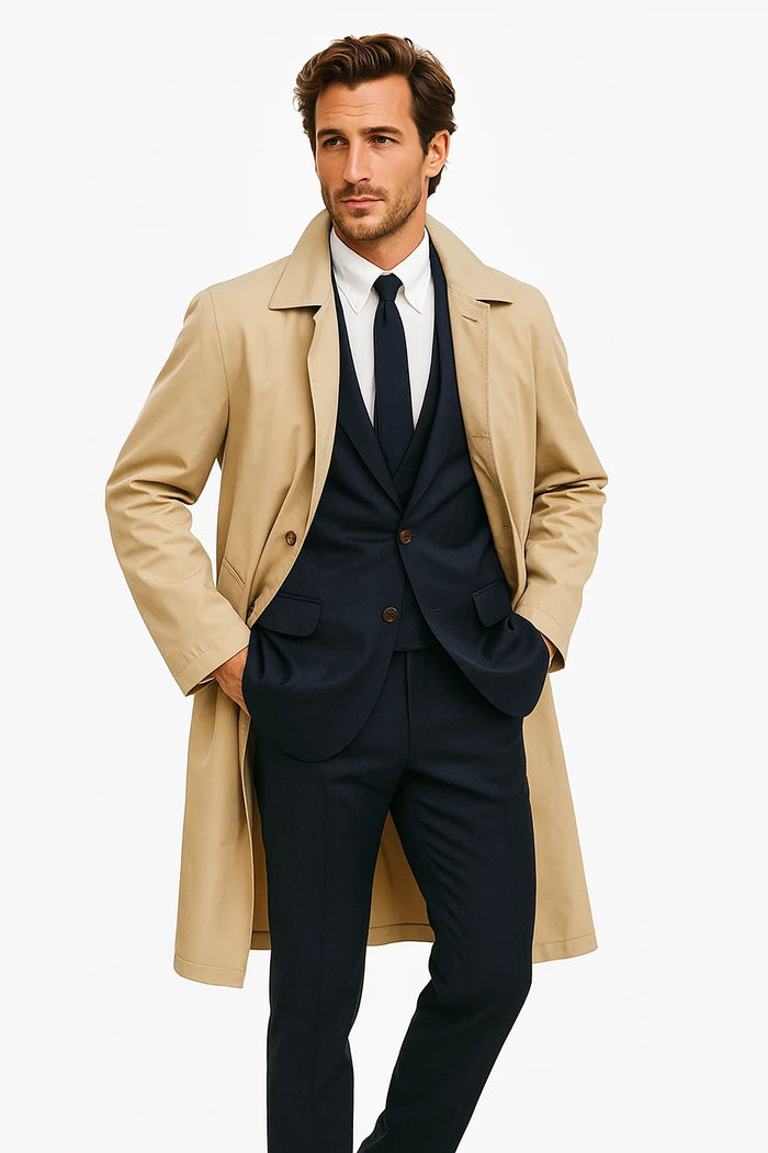 Mens Beige Trench Coat – Classic Long Overcoat with Button Front - Raincoat in Khaki Color - Image 9