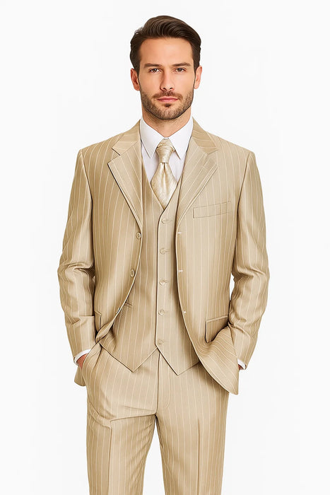 Zoot Suit - Shiny Gold Champaign Mens Harlem Gangster Suit 1920s Tan Stripe Fortino 2911V