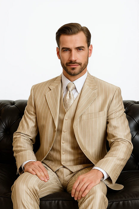 Zoot Suit - Shiny Gold Champaign Mens Harlem Gangster Suit 1920s Tan Stripe Fortino 2911V